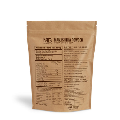 MB Herbals Manjishtha Powder 100g | Rubia cordifolia Root | Indian Madder