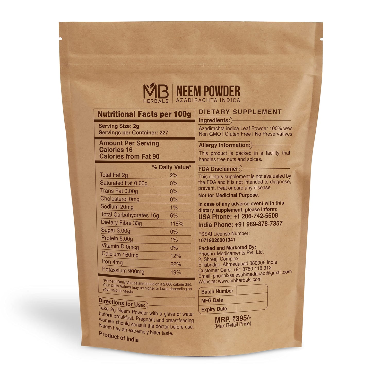 MB Herbals Neem Powder 454g – Wild Crafted Neem for Skin & Hair Care