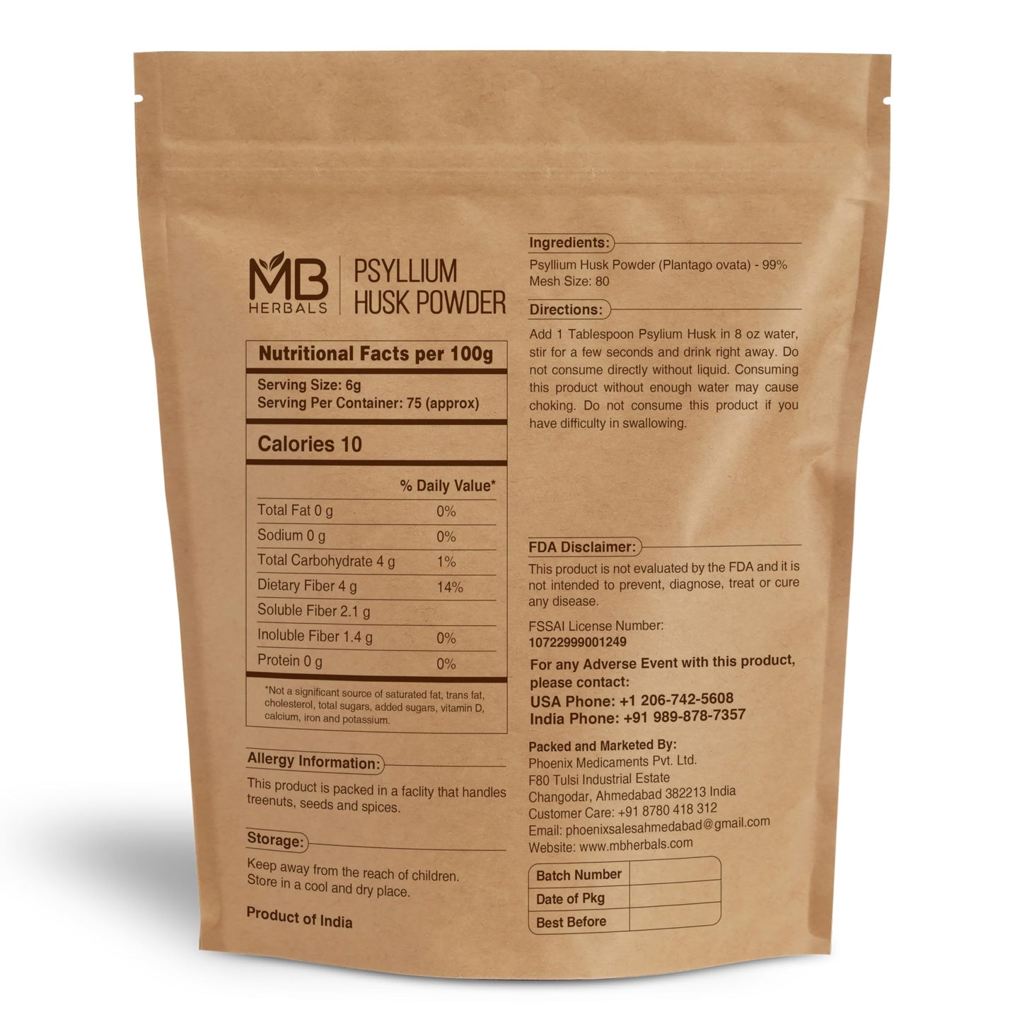 MB Herbals Psyllium Husk Powder 1 lb – Gluten Free, Vegan, Non-GMO | Keto-Friendly Fine Powder for Baking & Smoothies