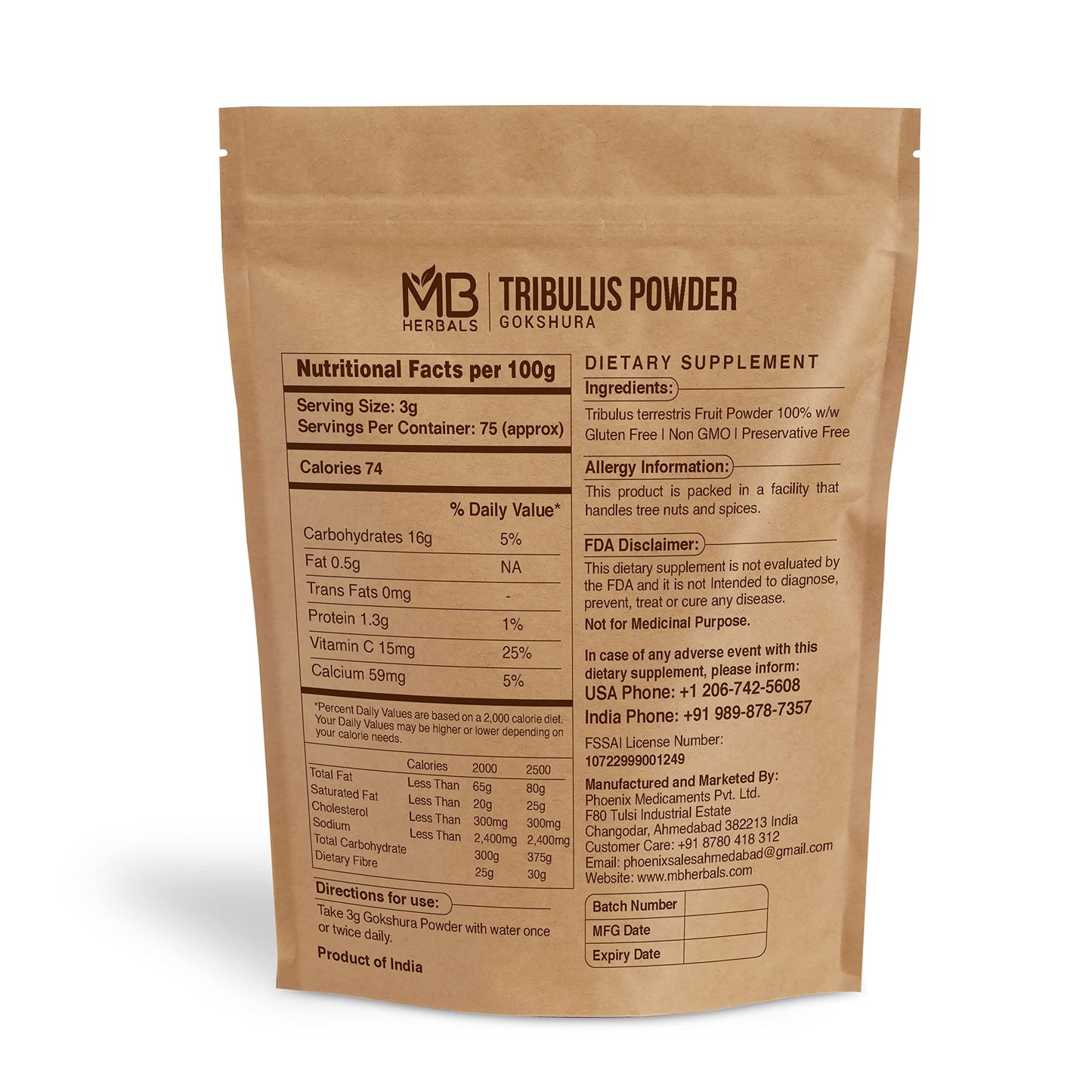 MB Herbals Tribulus Powder 8 oz | 75 Servings | Gluten Free | No Preservatives