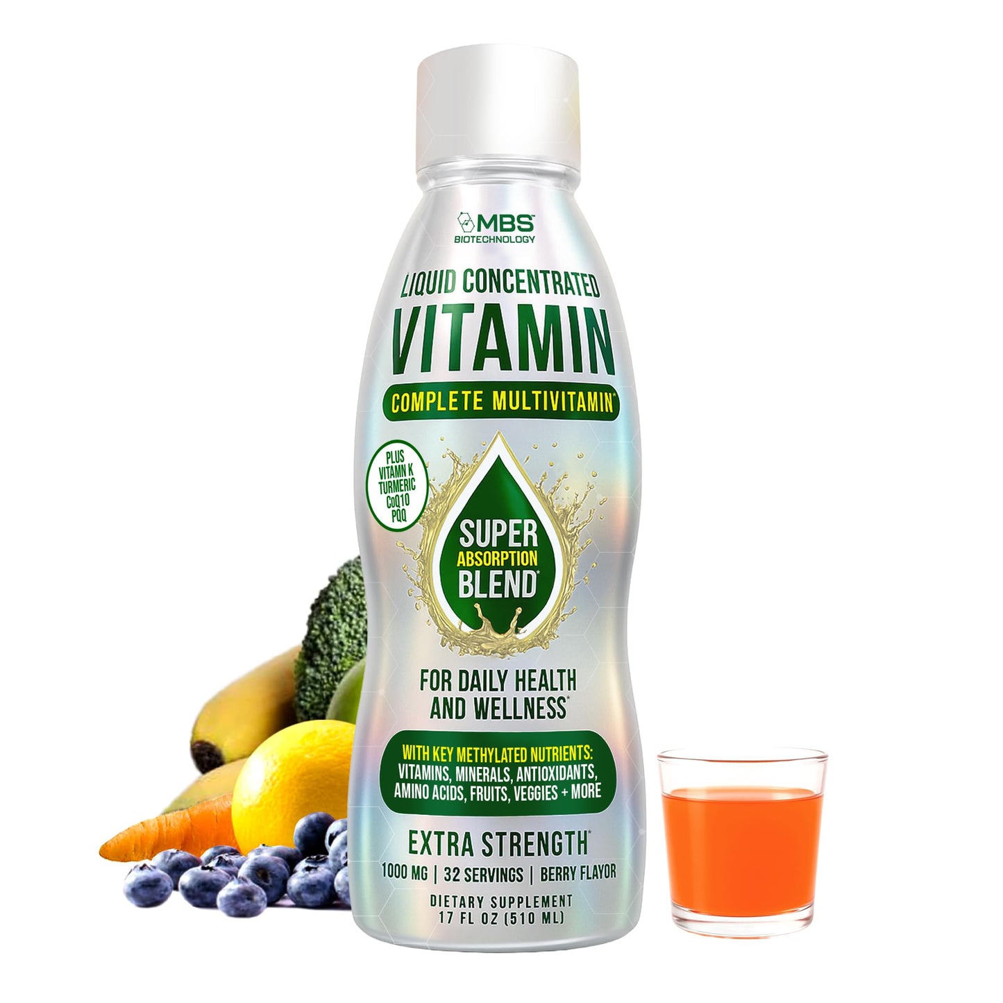 MBS Biotechnology Liquid Multivitamin for Adults – Complete High-Absorption Daily Vitamin with Superfoods, CoQ10, B-Complex, Turmeric & PQQ – Berry Flavor, 17 oz