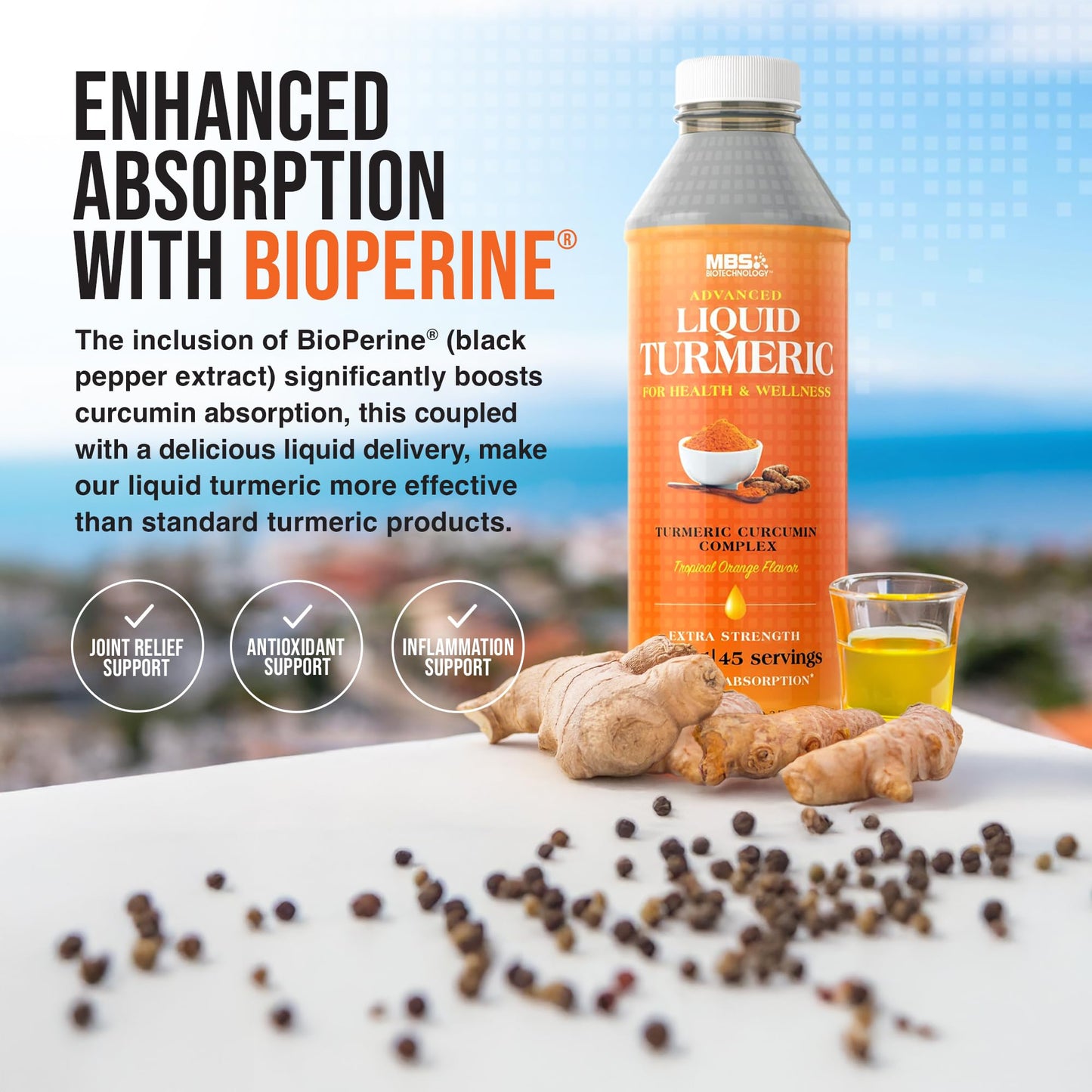 MBS Biotechnology Advanced Liquid Turmeric – High Absorption Curcumin with BioPerine & Vitamin D3 – 20 fl oz