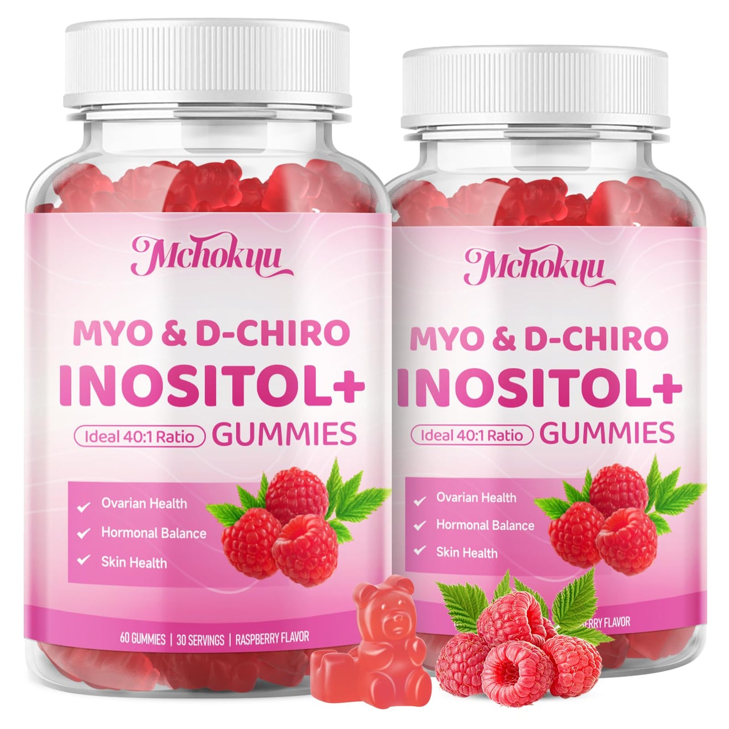 Myo-Inositol & D-Chiro Inositol Gummies 40:1 – 2000mg/50mg + Vitamin D3 & B12, Sugar Free Raspberry, 120 Count