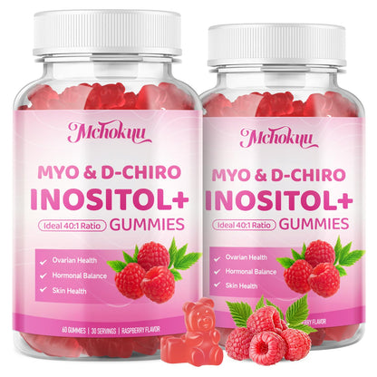 Myo-Inositol & D-Chiro Inositol Gummies 40:1 – 2000mg/50mg + Vitamin D3 & B12, Sugar Free Raspberry, 120 Count