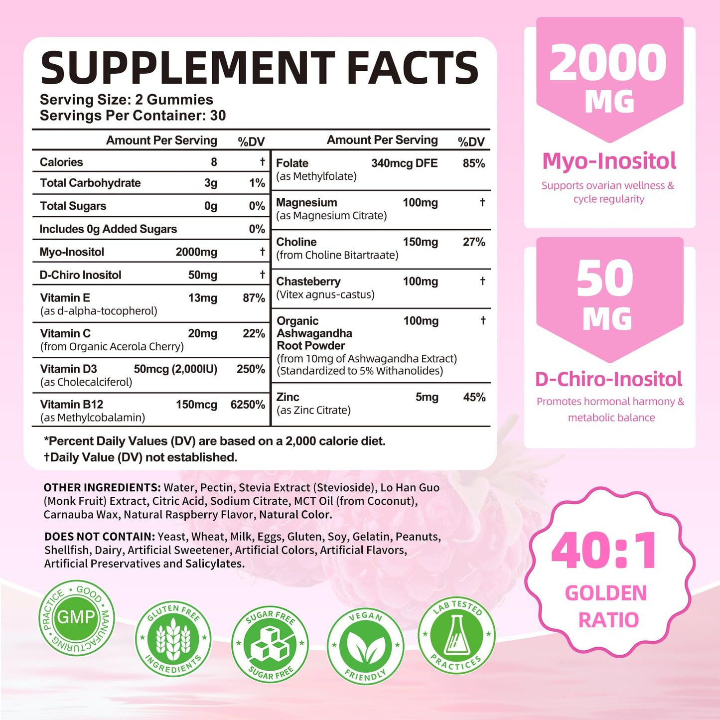 Myo-Inositol & D-Chiro Inositol Gummies 40:1 – 2000mg/50mg + Vitamin D3 & B12, Sugar Free Raspberry, 120 Count
