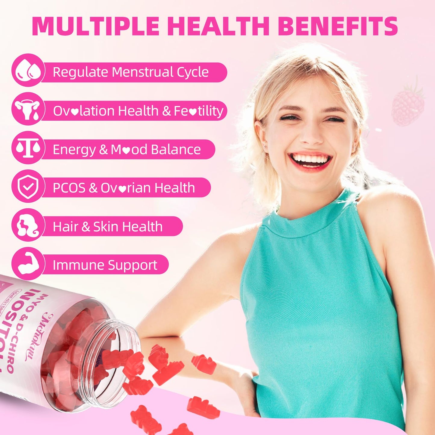 Myo-Inositol & D-Chiro Inositol Gummies 40:1 – 2000mg/50mg + Vitamin D3 & B12, Sugar Free Raspberry, 120 Count