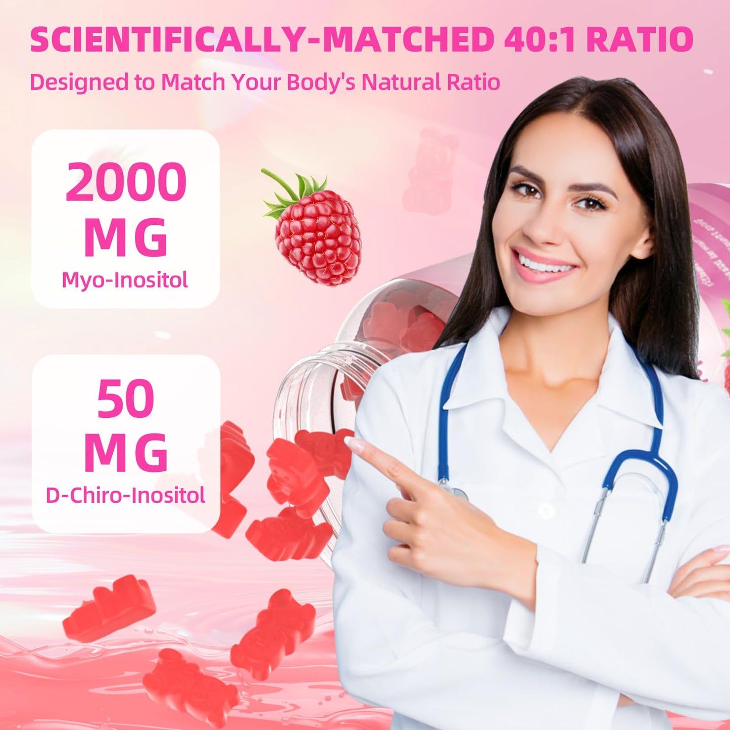 Myo-Inositol & D-Chiro Inositol Gummies 40:1 – 2000mg/50mg + Vitamin D3 & B12, Sugar Free Raspberry, 120 Count