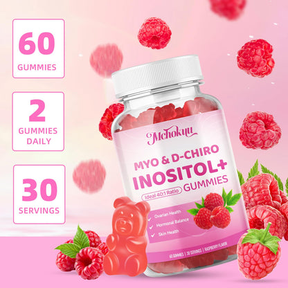 Myo-Inositol & D-Chiro Inositol Gummies 40:1 – 2000mg/50mg + Vitamin D3 & B12, Sugar Free Raspberry, 120 Count