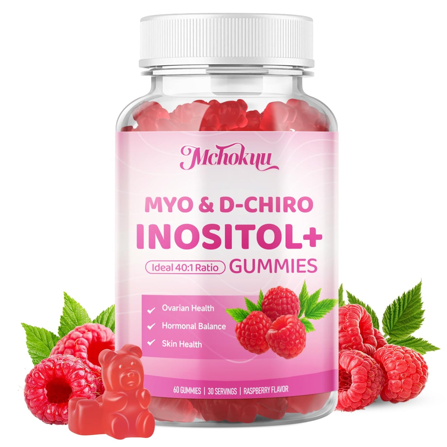 Myo-Inositol & D-Chiro Inositol Gummies 40:1 – 2000mg/50mg + Vitamin D3 & B12, Sugar Free Raspberry, 120 Count