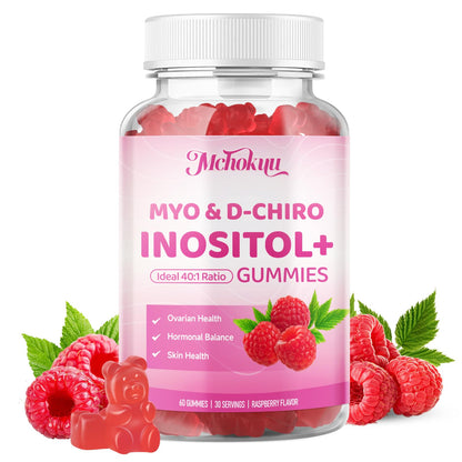 Myo-Inositol & D-Chiro Inositol Gummies 40:1 – 2000mg/50mg + Vitamin D3 & B12, Sugar Free Raspberry, 120 Count