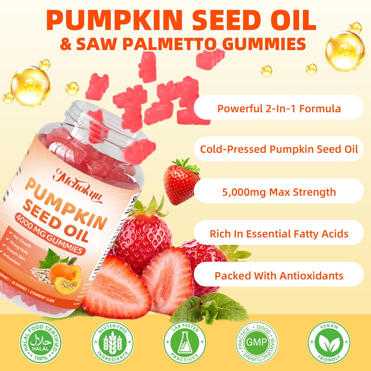 Mchokuu Pumpkin Seed Oil Gummies with Saw Palmetto – Hair & Skin Health, Strawberry, 60ct