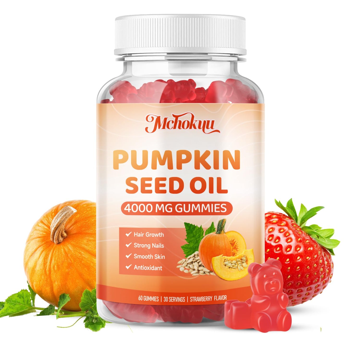 Mchokuu Pumpkin Seed Oil Gummies with Saw Palmetto – Hair & Skin Health, Strawberry, 60ct