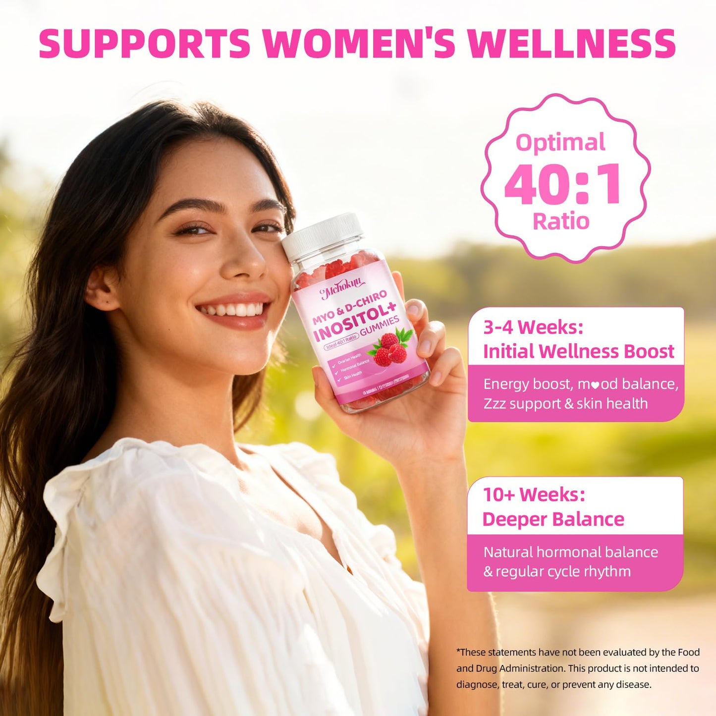 Mchokuu Myo-Inositol & D-Chiro Inositol Gummies – 40:1 Ratio, 2000mg/50mg, Vitamin D3, B12, Raspberry, Sugar Free, 60 Count