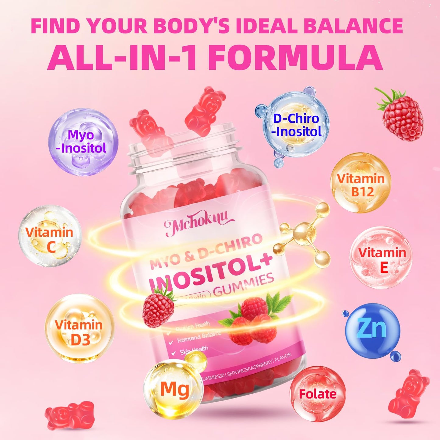 Mchokuu Myo-Inositol & D-Chiro Inositol Gummies – 40:1 Ratio, 2000mg/50mg, Vitamin D3, B12, Raspberry, Sugar Free, 60 Count