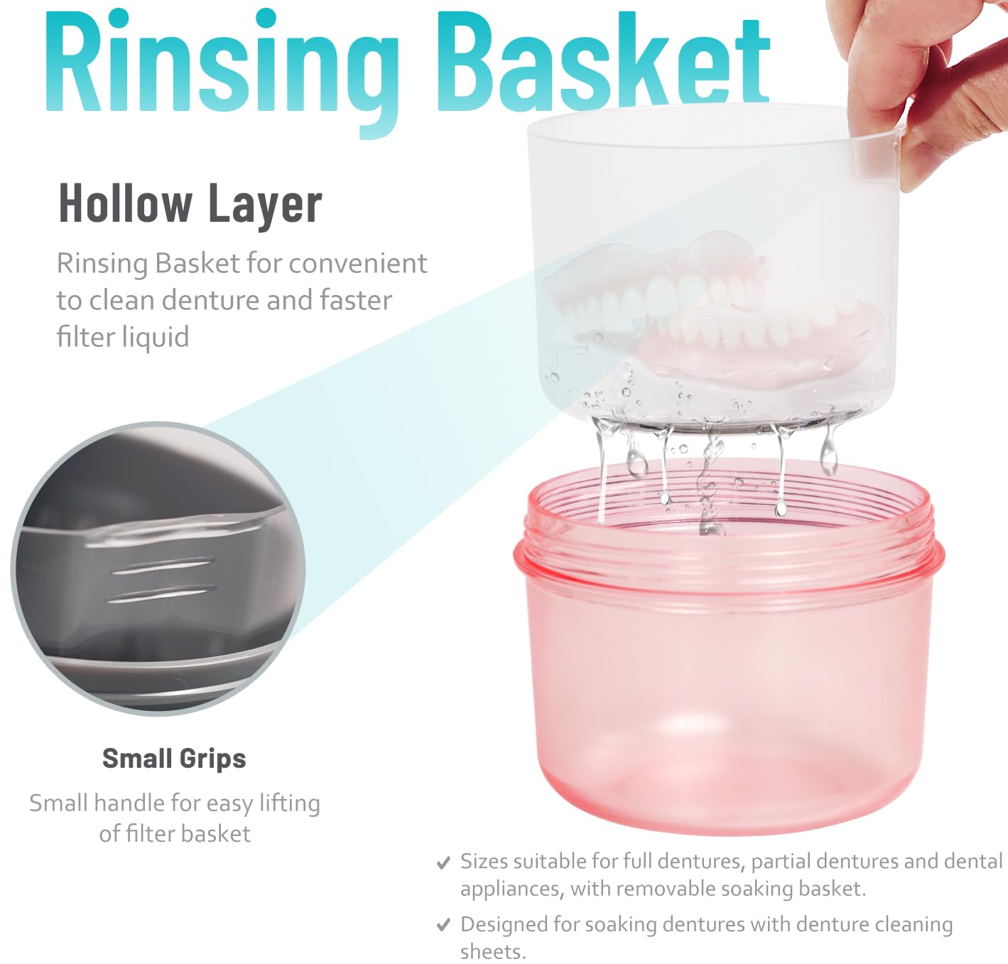 Mckkor Leak-Proof Denture Bath Cup — Dishwasher Safe Denture Case (Transparent Rouge)