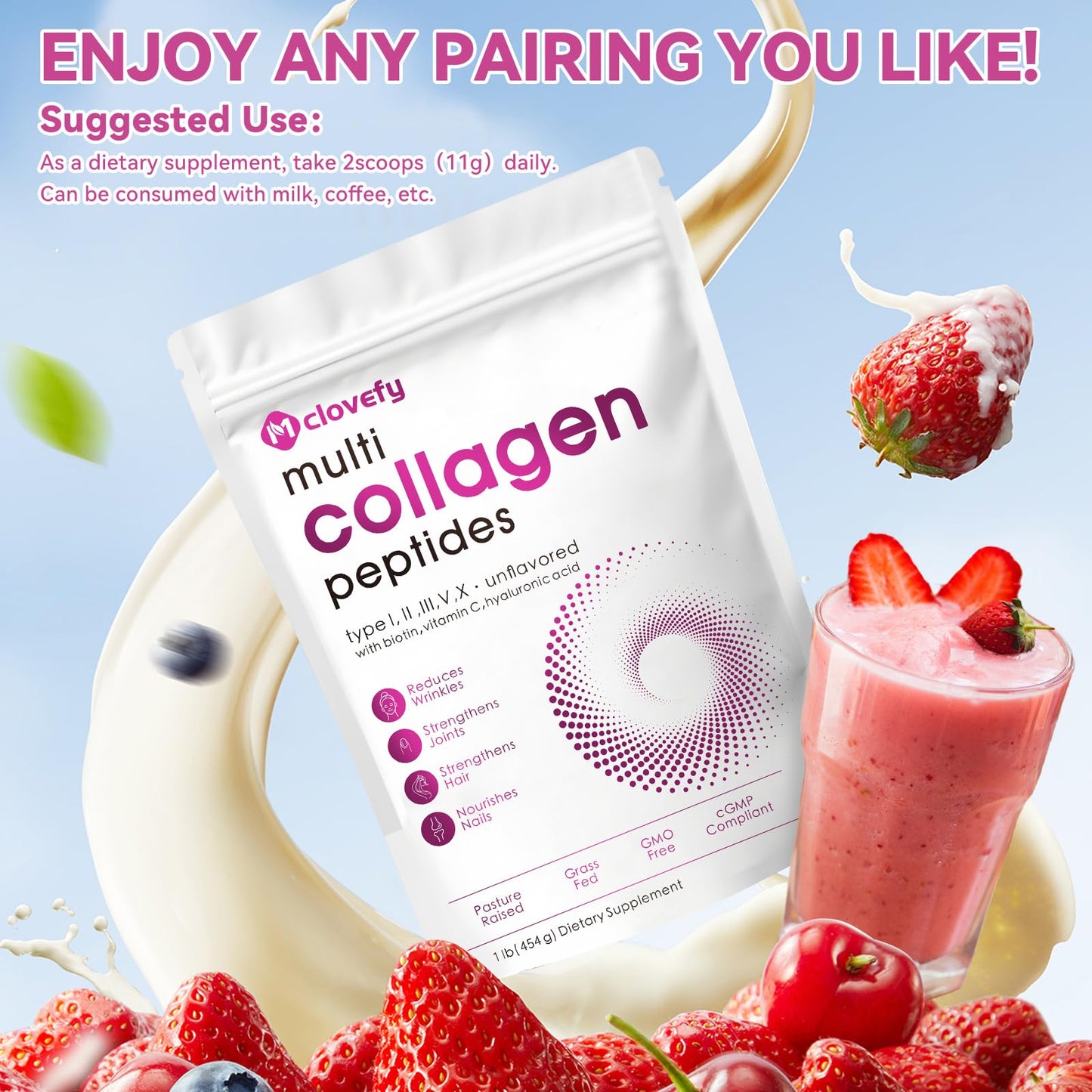 Mclovefy Multi Collagen Peptides Powder 16oz - Unflavored, 11g per Serving with Hyaluronic Acid, Vitamin C & Biotin