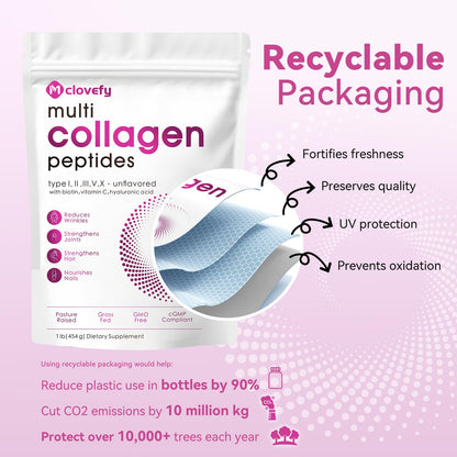 Mclovefy Multi Collagen Peptides Powder 16oz - Unflavored, 11g per Serving with Hyaluronic Acid, Vitamin C & Biotin