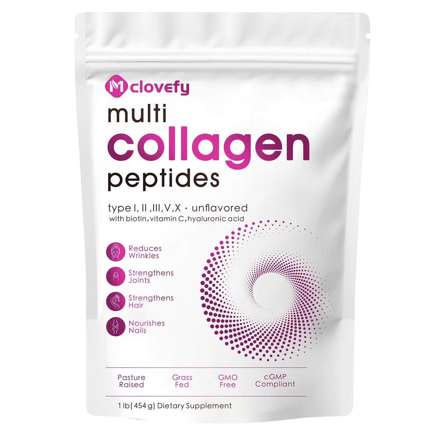 Mclovefy Multi Collagen Peptides Powder 16oz - Unflavored, 11g per Serving with Hyaluronic Acid, Vitamin C & Biotin