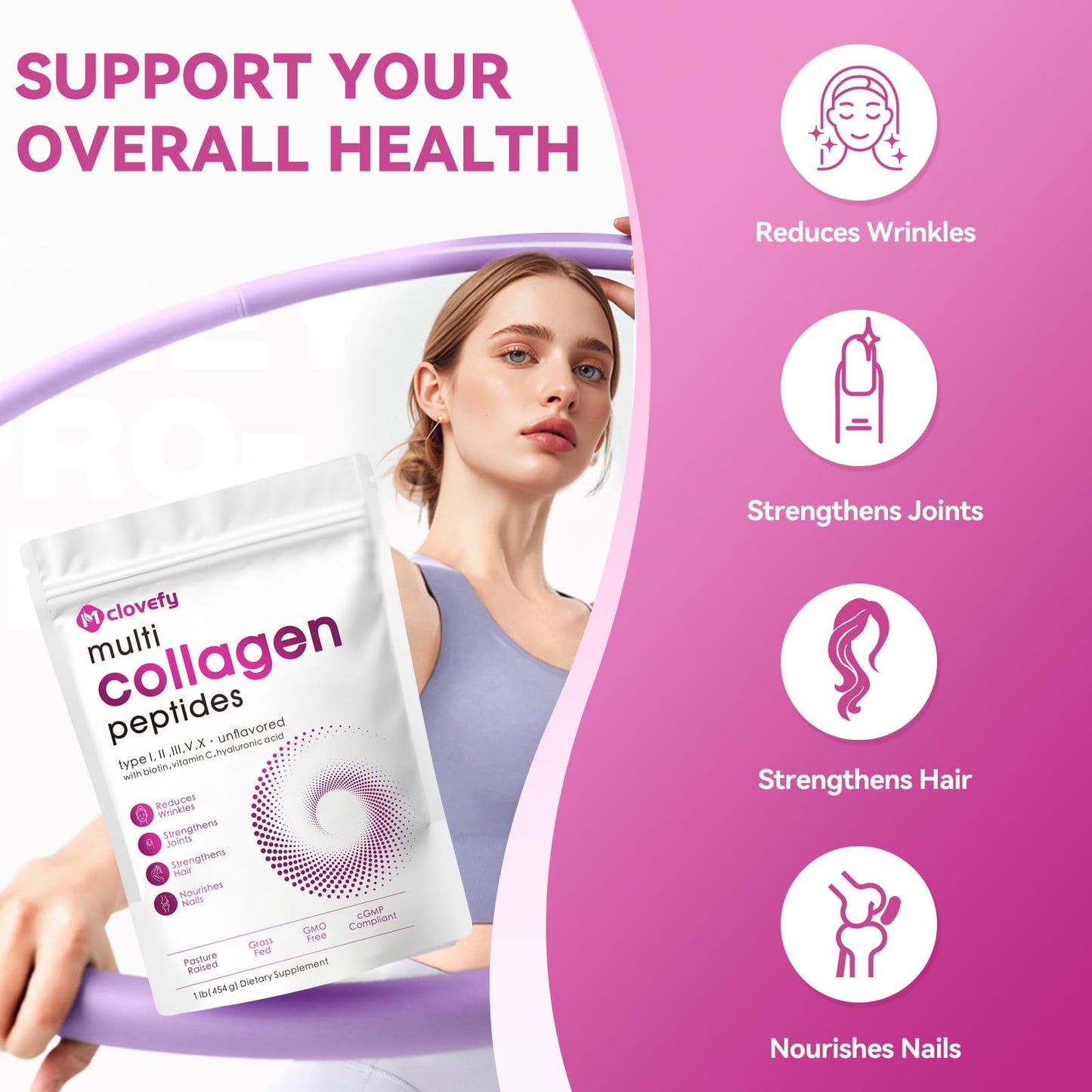 Mclovefy Multi Collagen Peptides Powder 16oz - Unflavored, 11g per Serving with Hyaluronic Acid, Vitamin C & Biotin