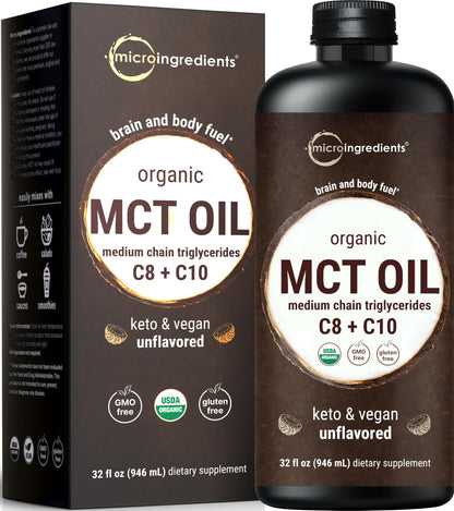 MCT Oil Organic, 32 fl oz – 100% Virgin Coconut Oil with C8 & C10 Fatty Acids | Unflavored, Keto, Vegan