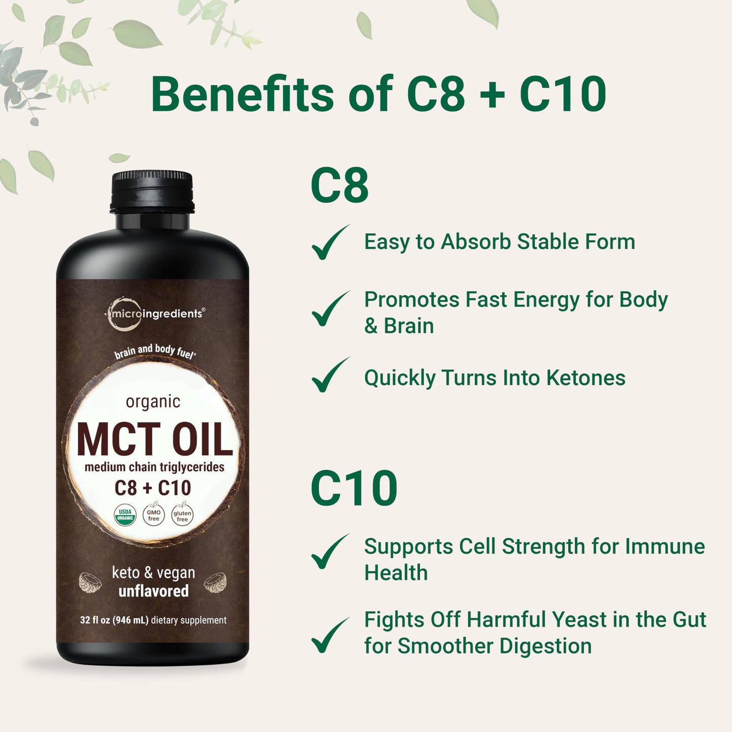 MCT Oil Organic, 32 fl oz – 100% Virgin Coconut Oil with C8 & C10 Fatty Acids | Unflavored, Keto, Vegan