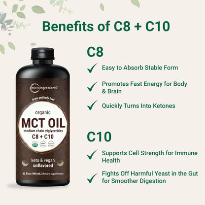MCT Oil Organic, 32 fl oz – 100% Virgin Coconut Oil with C8 & C10 Fatty Acids | Unflavored, Keto, Vegan