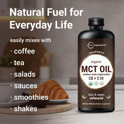 MCT Oil Organic, 32 fl oz – 100% Virgin Coconut Oil with C8 & C10 Fatty Acids | Unflavored, Keto, Vegan