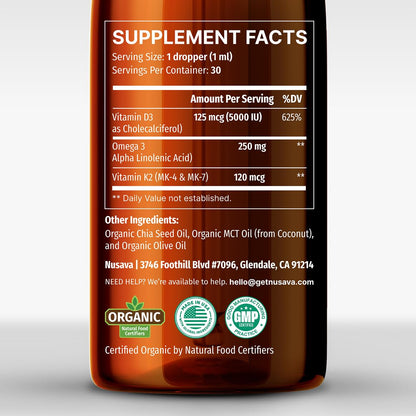 (2 Pack) Organic Vitamin D3 K2 Drops 5000 IU | MCT Oil, Omega-3, Unflavored 2 oz
