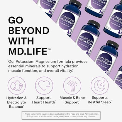 MD. Life Potassium Magnesium Supplement - 90 Capsules | High-Absorption Magnesium & Potassium for Vascular Health & Leg Cramps