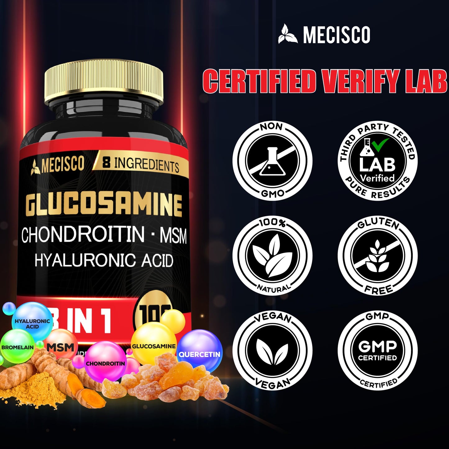 Mecisco 7000mg Glucosamine Chondroitin MSM with Immune Support – Joint & Bone Health, Immune System, Overall Health – 100 Capsules