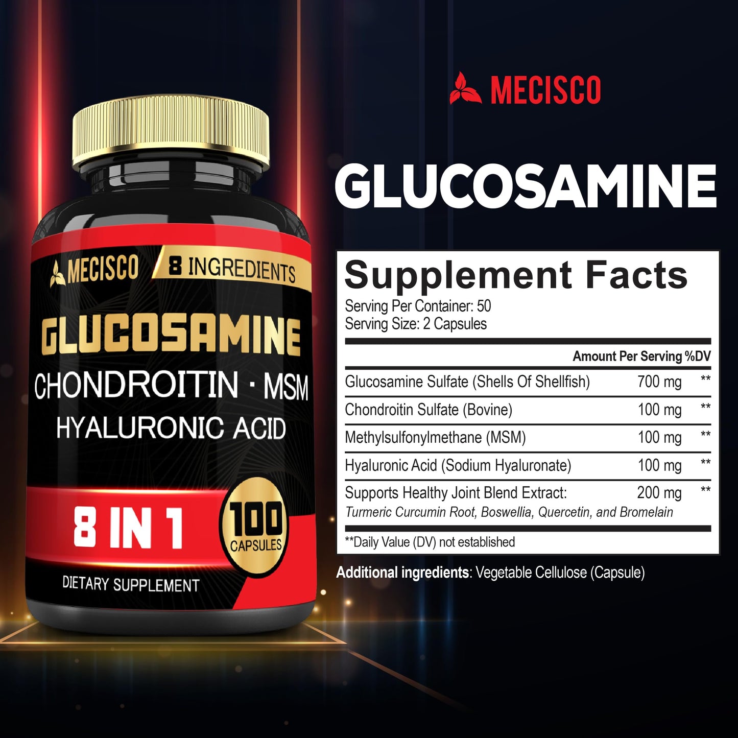 Mecisco 7000mg Glucosamine Chondroitin MSM with Immune Support – Joint & Bone Health, Immune System, Overall Health – 100 Capsules