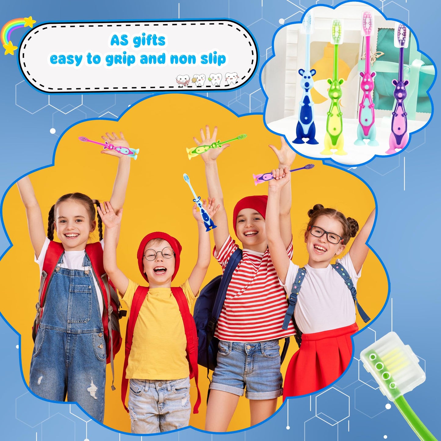 Medanera 120 Pcs Kids Toothbrushes Bulk – Kangaroo Shaped, Individually Wrapped, Portable (4 Colors)