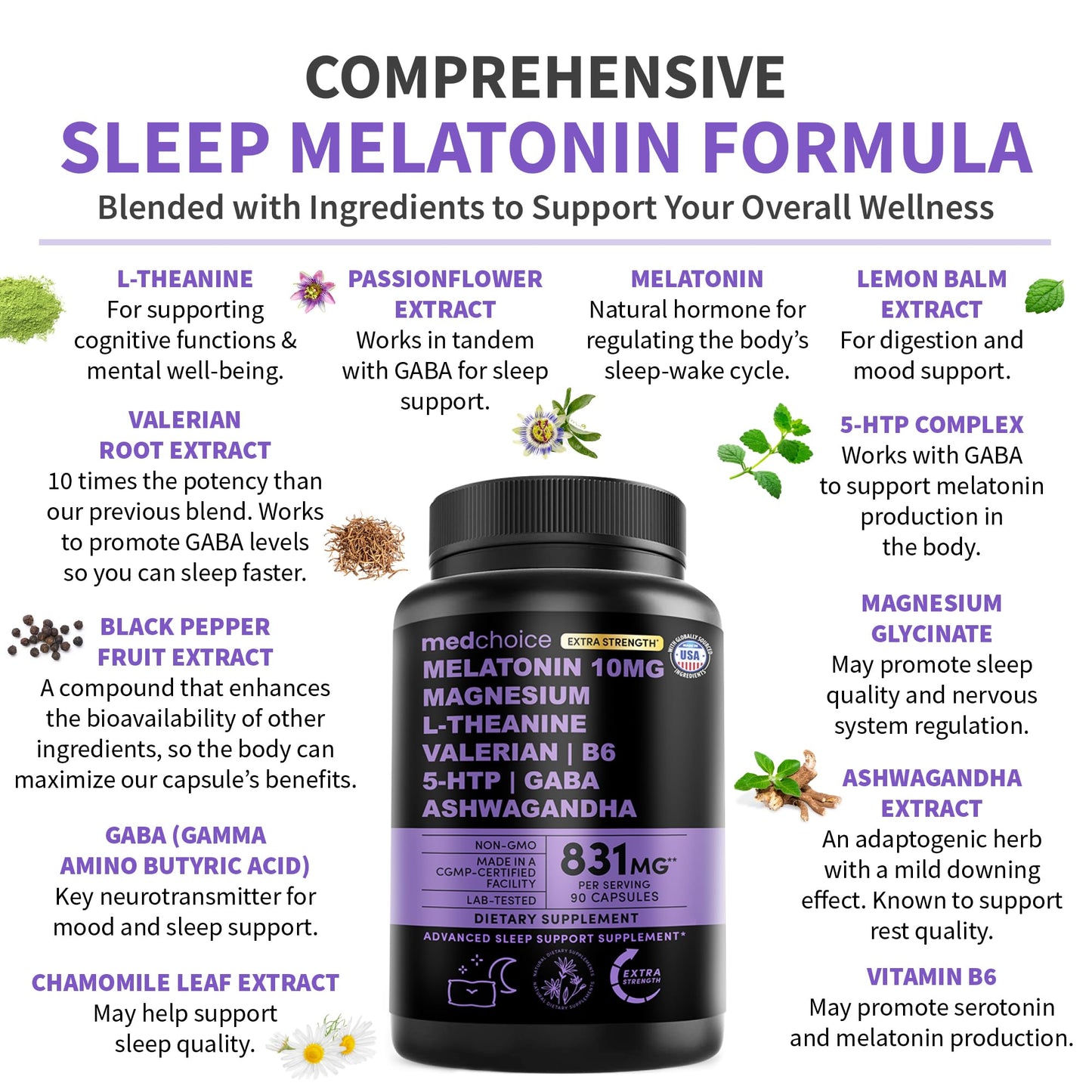 MEDCHOICE 12-in-1 Melatonin Sleep Capsules – 10mg with Magnesium, Ashwagandha (90ct)
