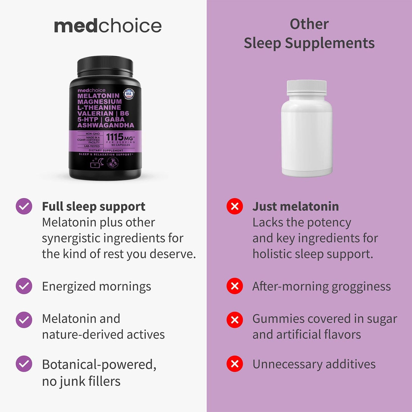 MEDCHOICE 12-in-1 Melatonin Sleep Capsules – 5 mg Melatonin & 500 mg Magnesium Glycinate (90ct, Pack of 3)
