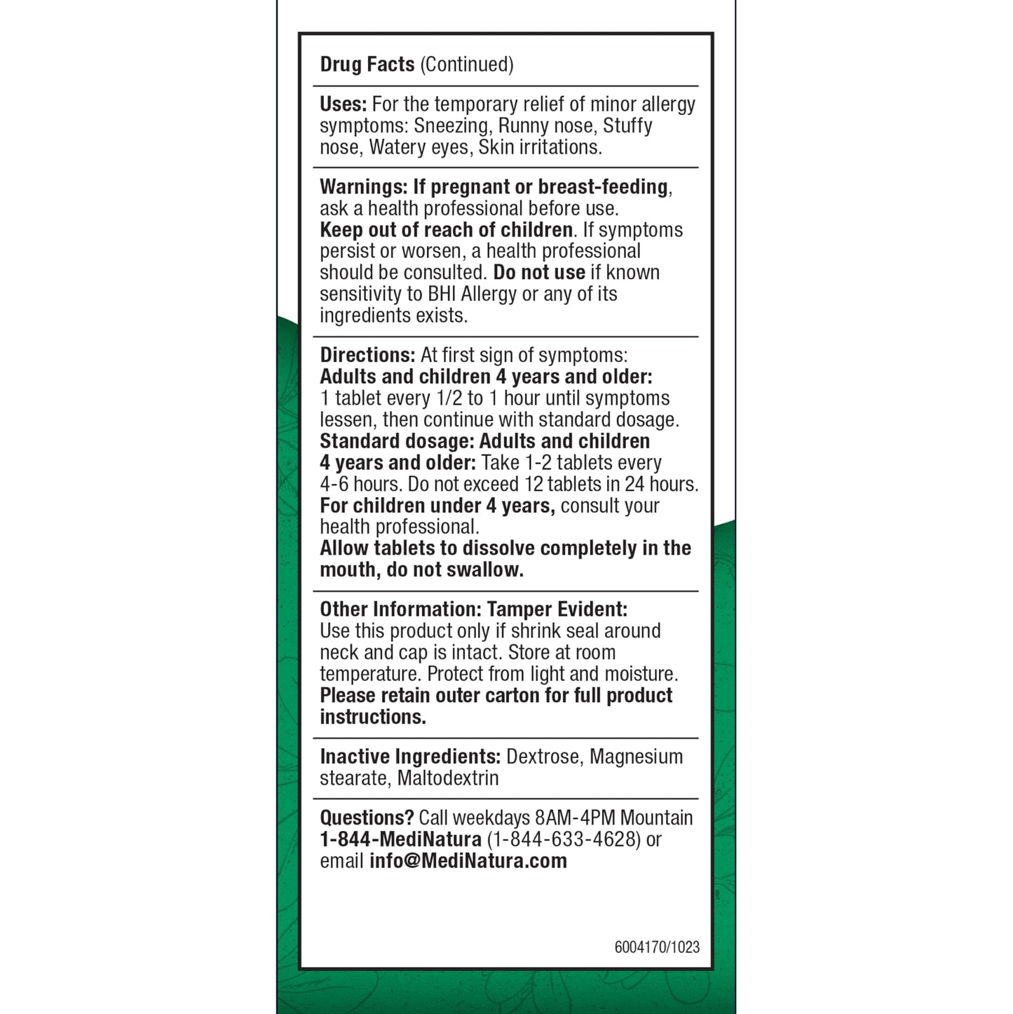 MediNatura BHI Allergy Relief – Natural Multi-Symptom, Non-Drowsy (100 Tablets)