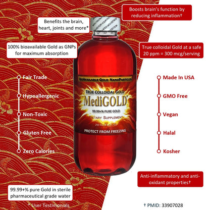 MediGOLD True Colloidal Gold AuNP Supplement – 250 mL in BPA-Free Bottle