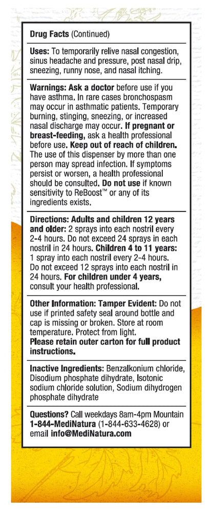 MediNatura ReBoost Breathe Easy Decongestion Nasal Spray – Fast-Acting Natural Homeopathic Relief (0.68 oz)