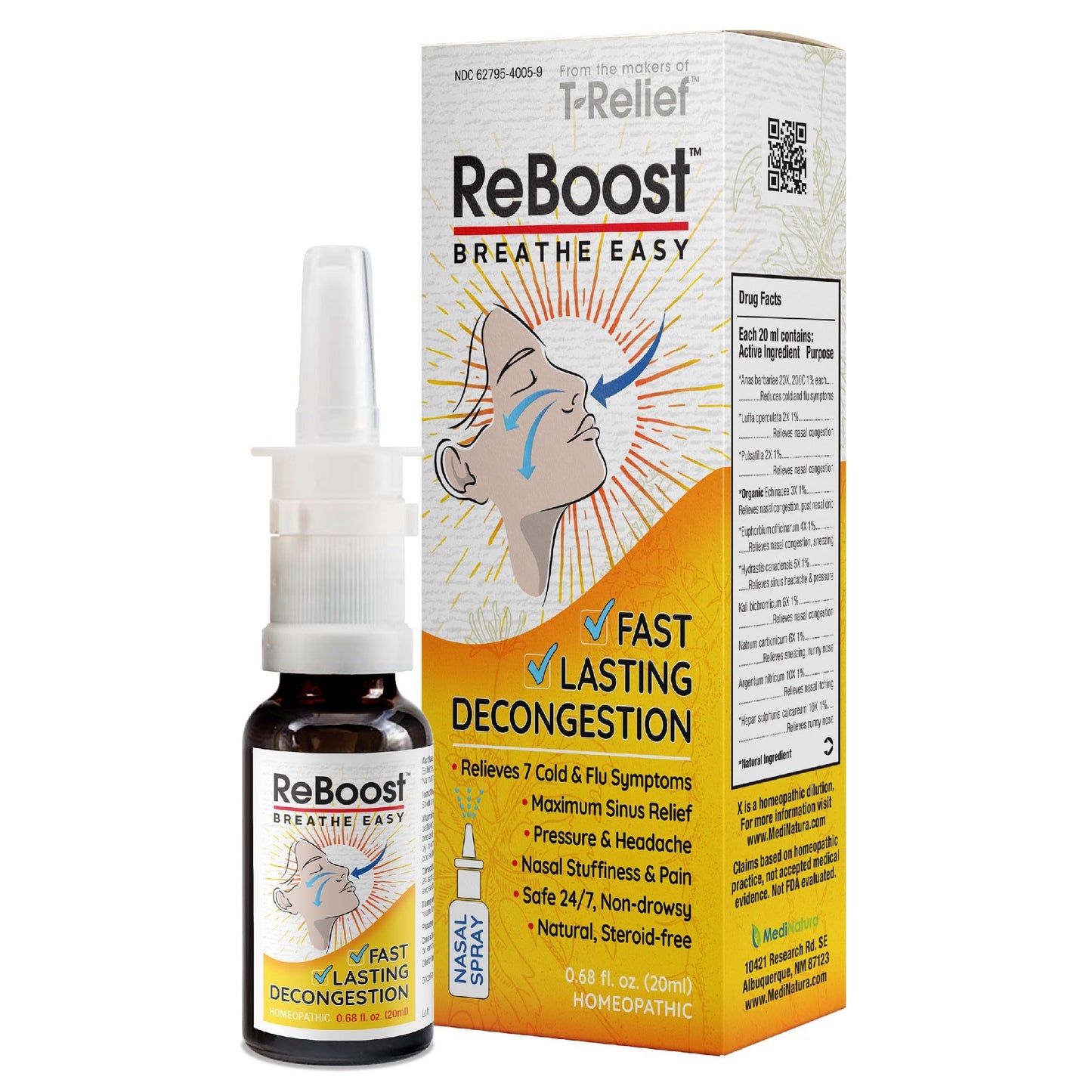 MediNatura ReBoost Breathe Easy Decongestion Nasal Spray – Fast-Acting Natural Homeopathic Relief (0.68 oz)