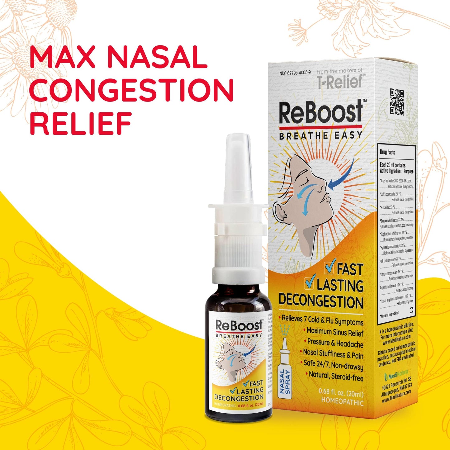 MediNatura ReBoost Breathe Easy Decongestion Nasal Spray – Fast-Acting Natural Homeopathic Relief (0.68 oz)