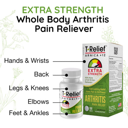 MediNatura T-Relief Extra Strength Arthritis Pain Reliever – Arnica +12 Natural Medicines | 100 Tablets
