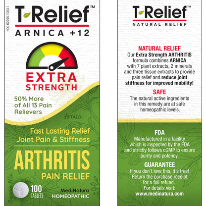 MediNatura T-Relief Extra Strength Arthritis Pain Reliever – Arnica +12 Natural Medicines | 100 Tablets