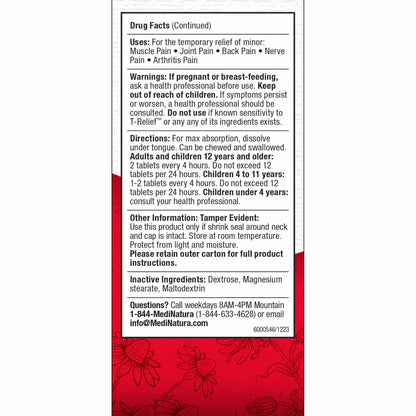 MediNatura T-Relief Pain - Plant-Based Arnica Chewables for Minor Muscle & Joint Comfort | 2-Pack