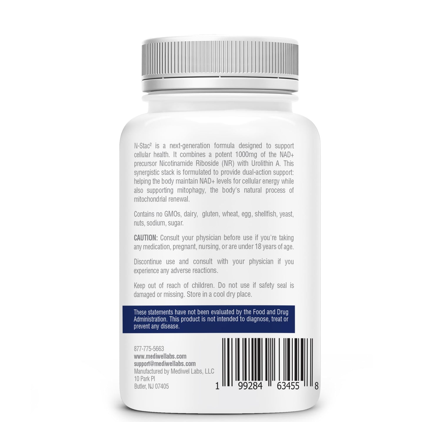 MEDIWEL N-Stac2 NAD+ Supplement – 1000mg NR + Urolithin A, 60 Capsules