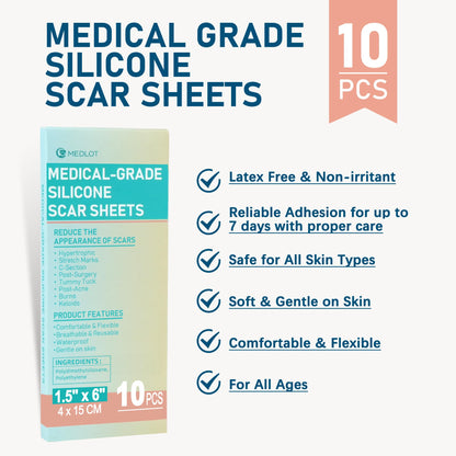 MEDLOT Silicone Scar Sheets – 10pcs Reusable Scar Treatment Strips for Surgical, C-Section, Acne Scars | Breathable & Cut-to-Size