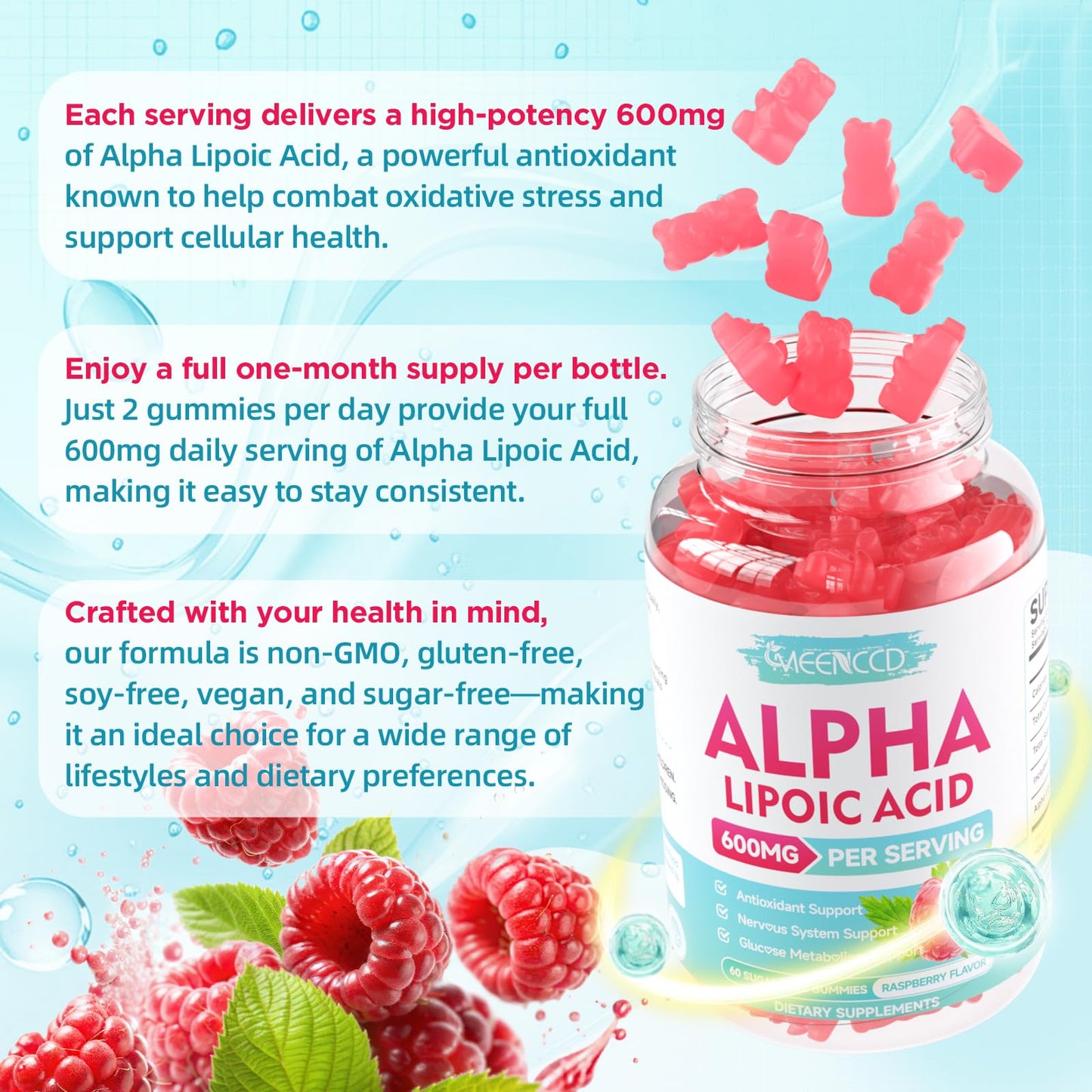 MEENCCD Alpha Lipoic Acid Gummies 600mg | High-Absorption ALA for Nerve & Brain Health, Vegan & Sugar-Free Raspberry