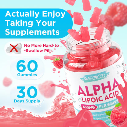 MEENCCD Alpha Lipoic Acid Gummies 600mg | High-Absorption ALA for Nerve & Brain Health, Vegan & Sugar-Free Raspberry