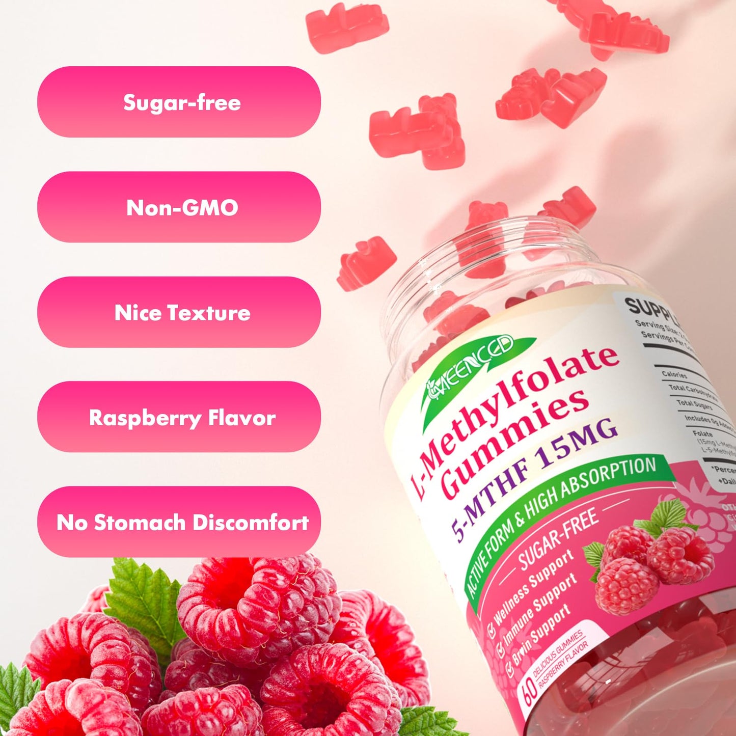 MEENCCD L-Methylfolate 15mg Gummies – 5-MTHF for Brain Health & Immunity (Vegan Raspberry, 60 Count)