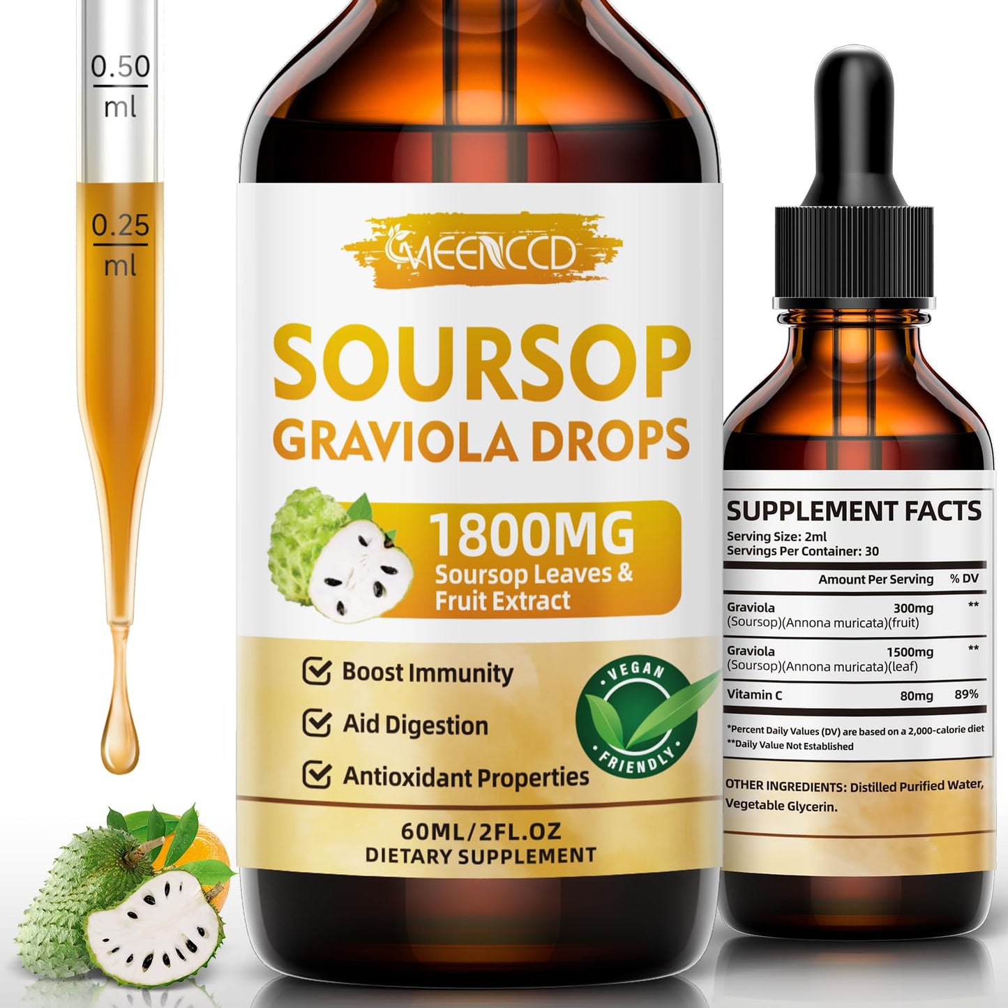 MEENCCD Soursop Graviola Liquid Drops 1800mg – Immune Support, Antioxidant, Orange Flavor, 2 fl oz