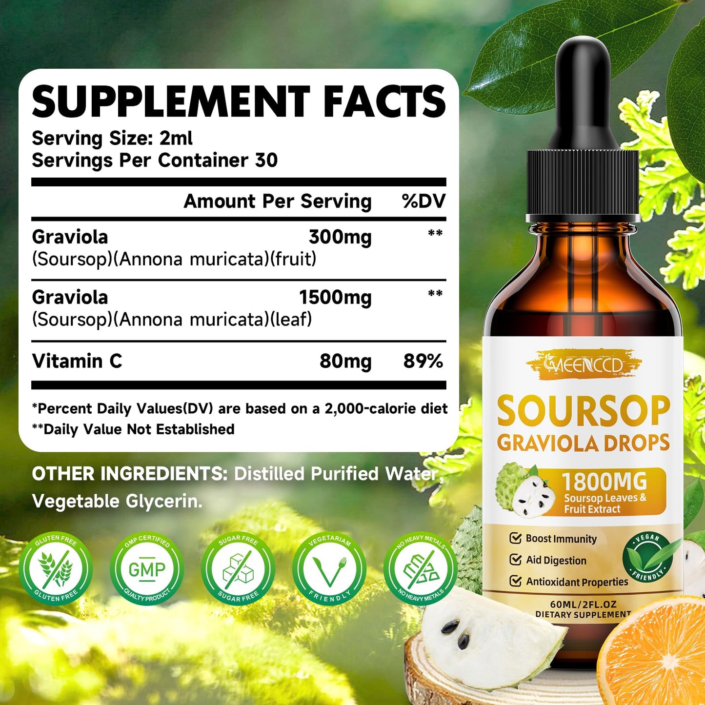 MEENCCD Soursop Graviola Liquid Drops 1800mg – Immune Support, Antioxidant, Orange Flavor, 2 fl oz