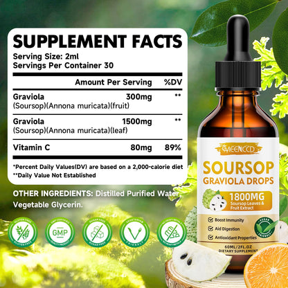 MEENCCD Soursop Graviola Liquid Drops 1800mg – Immune Support, Antioxidant, Orange Flavor, 2 fl oz